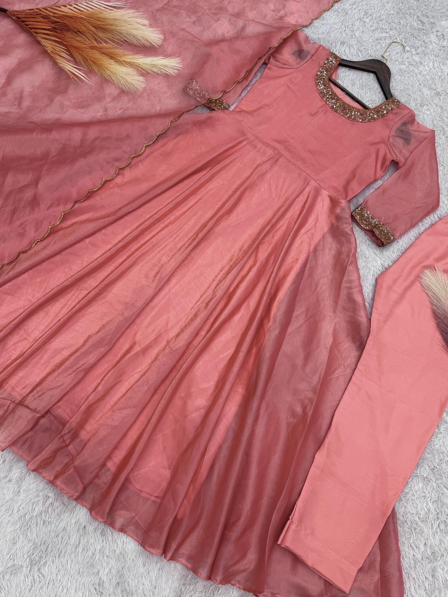 Delightful Embroidery Peach Color Anarkali Gown with Dupatta