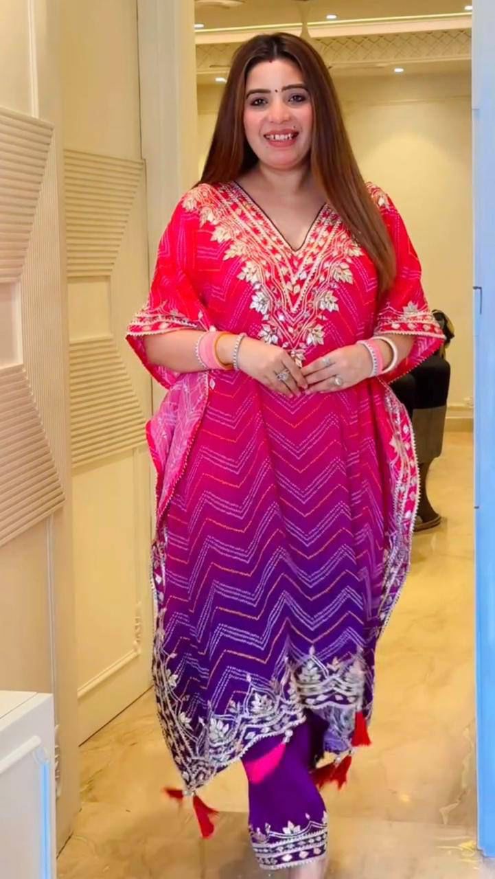 Preferable Chinon Embroidered Work Pink Multi Color Kaftani Dress