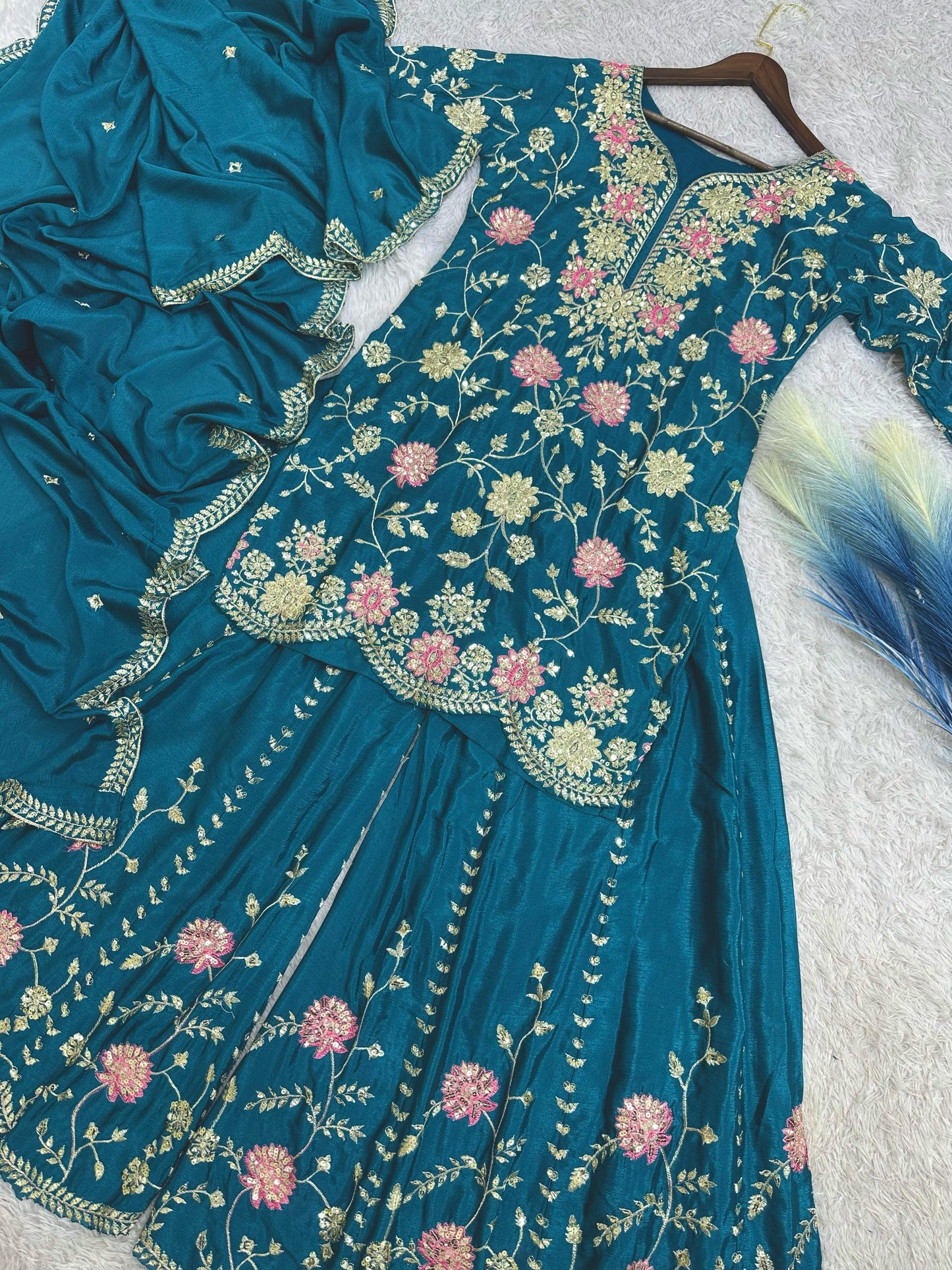 Outstanding Sequence And Thread Work Teal Blue Color Sharara Suit