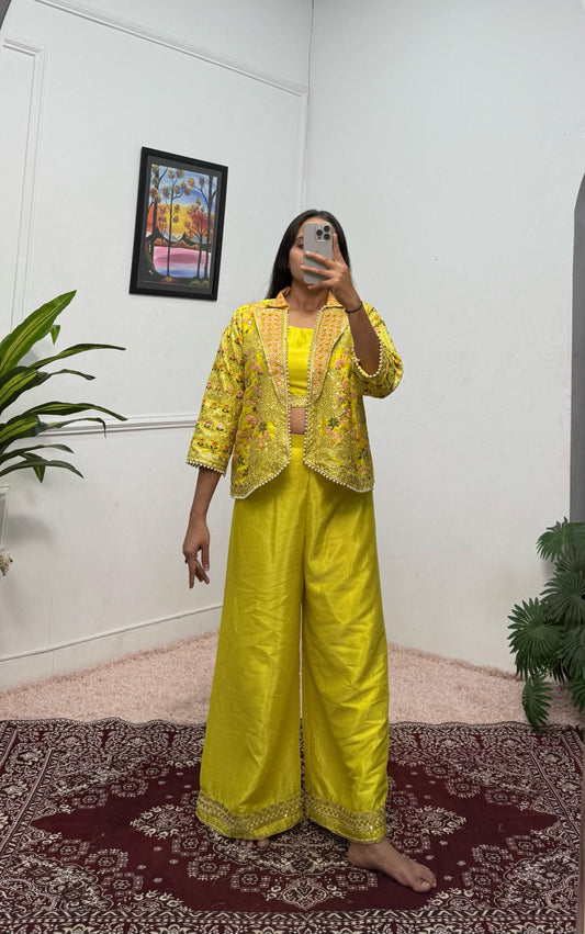 Flattering Chinon Lemon Color Palazzo Top With Koti