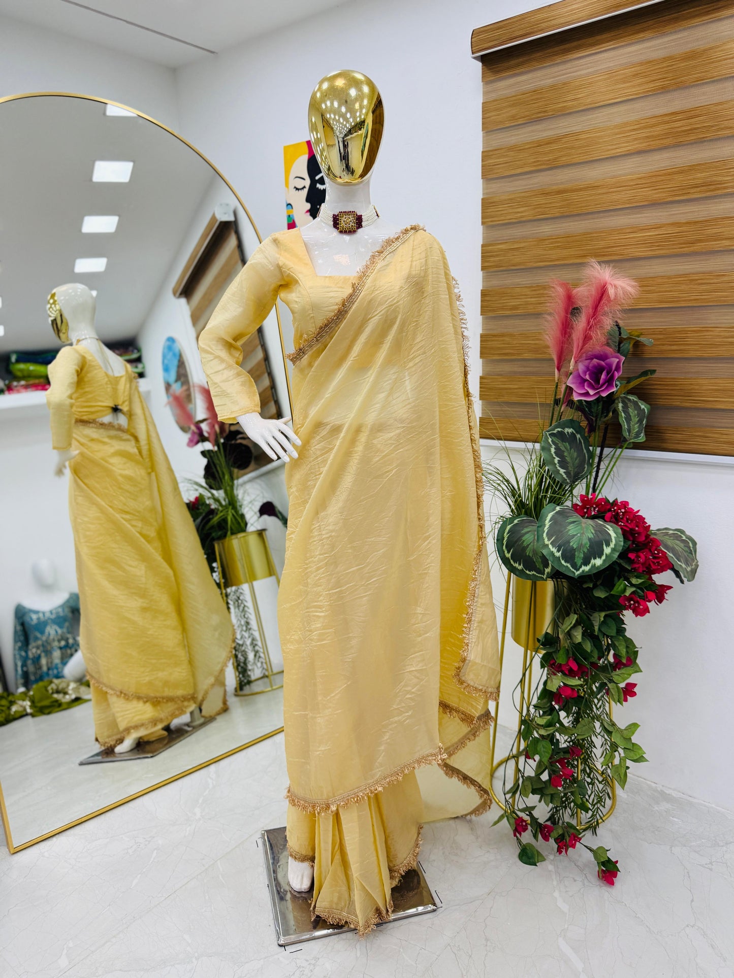 Pretty Goldy Crazy Cream Color Saree