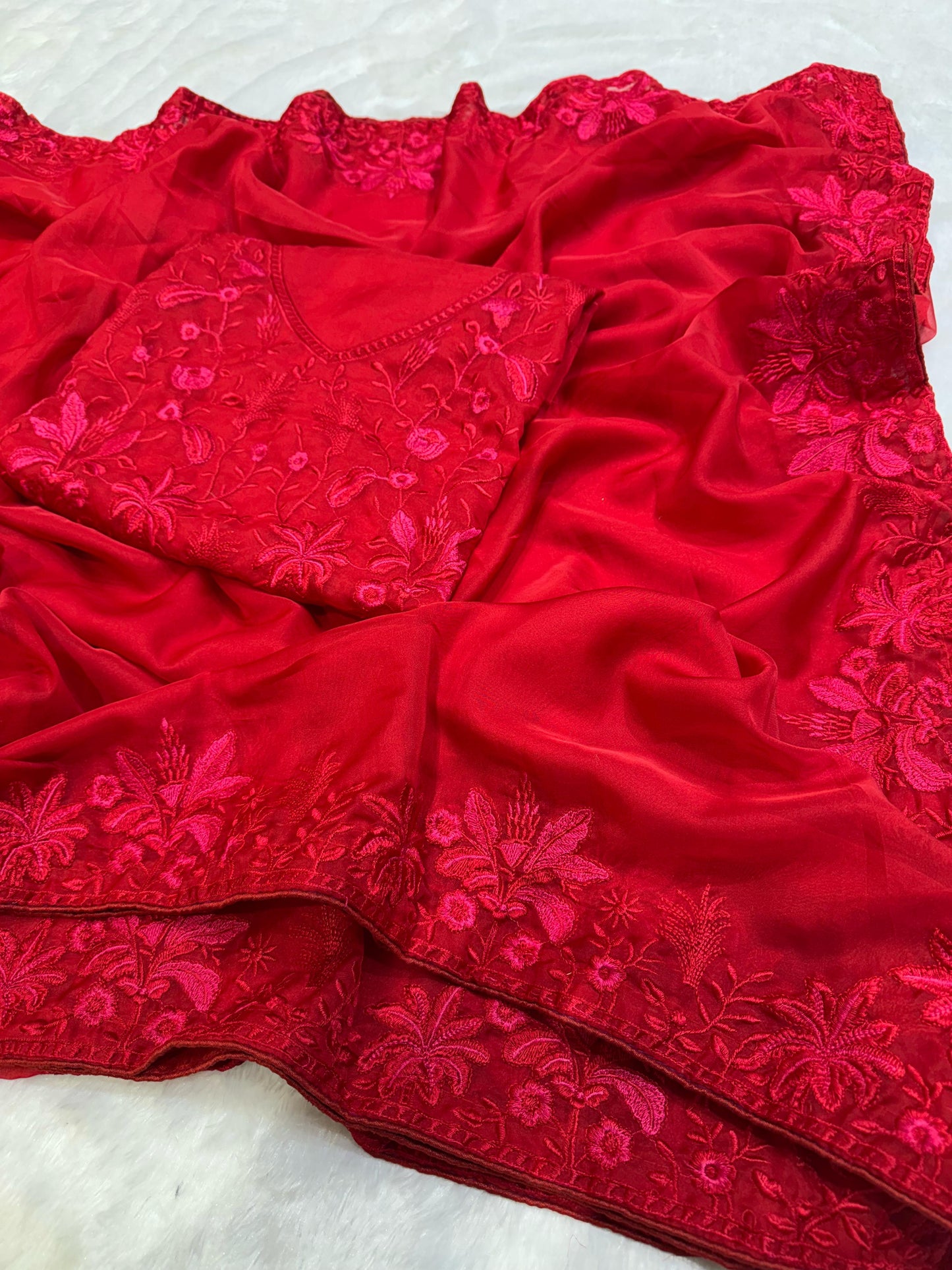 Alluring Organza Embroidery Work Red Color Saree