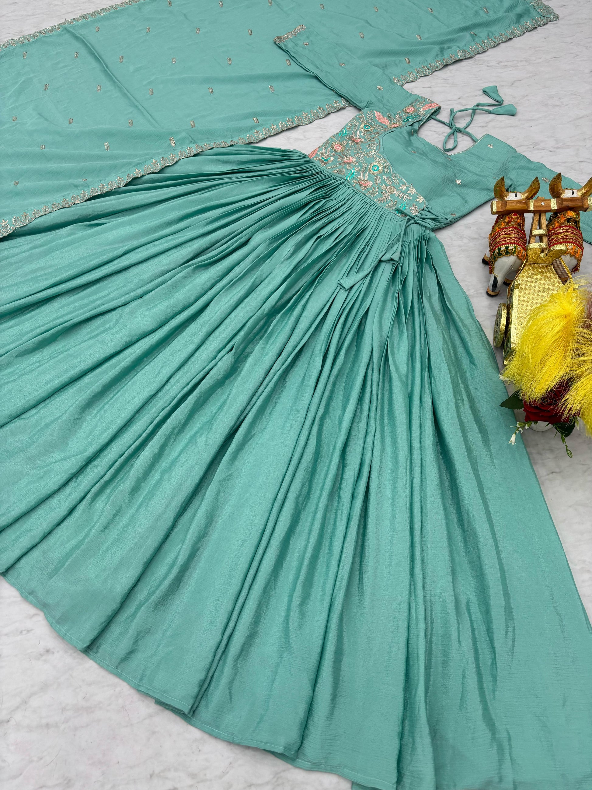 Shining Chinon Silk Sky Blue Color Gown
