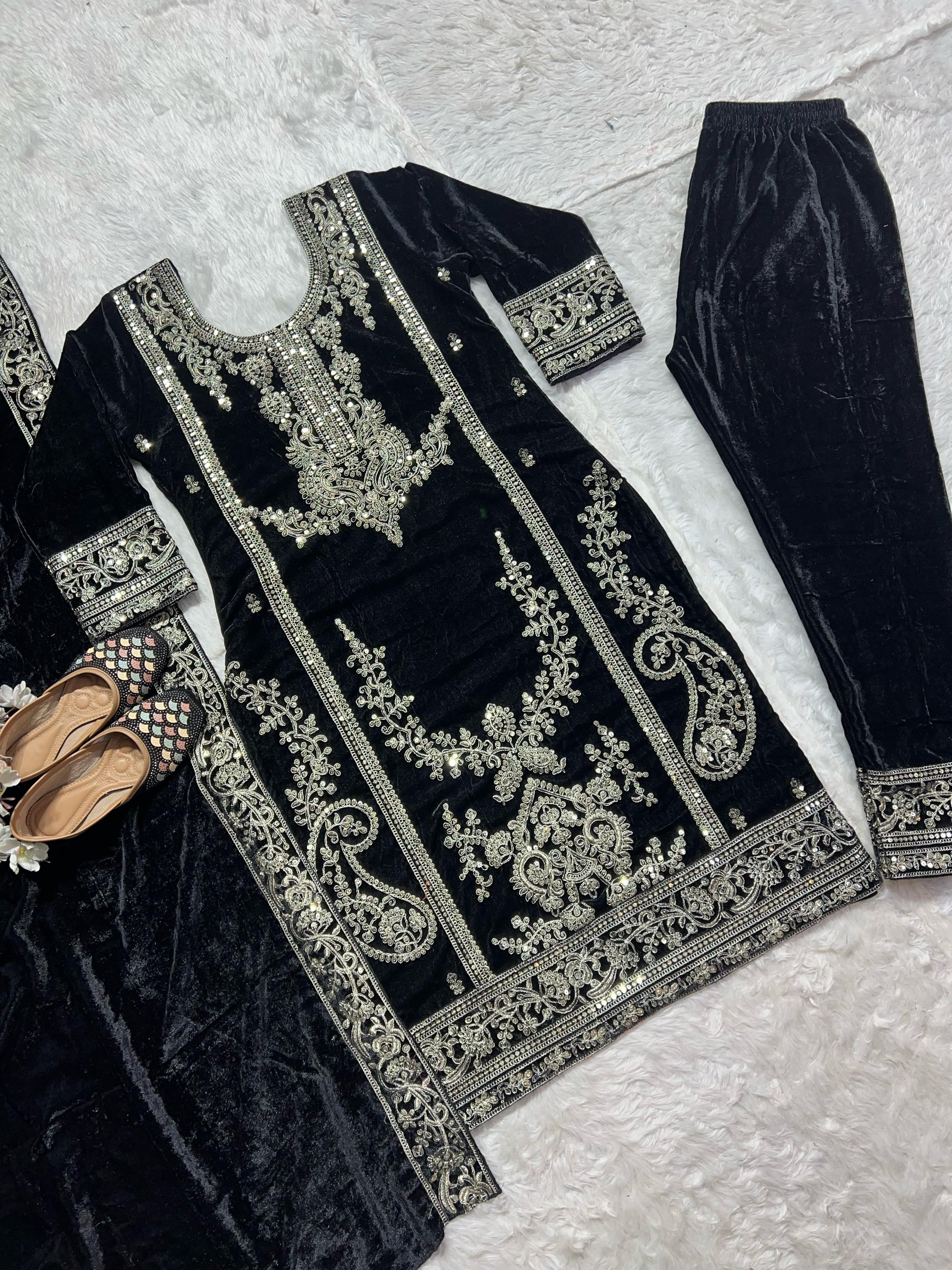 Exotic Viscous Embroidery Work Velvet Black Color Salwar Suit