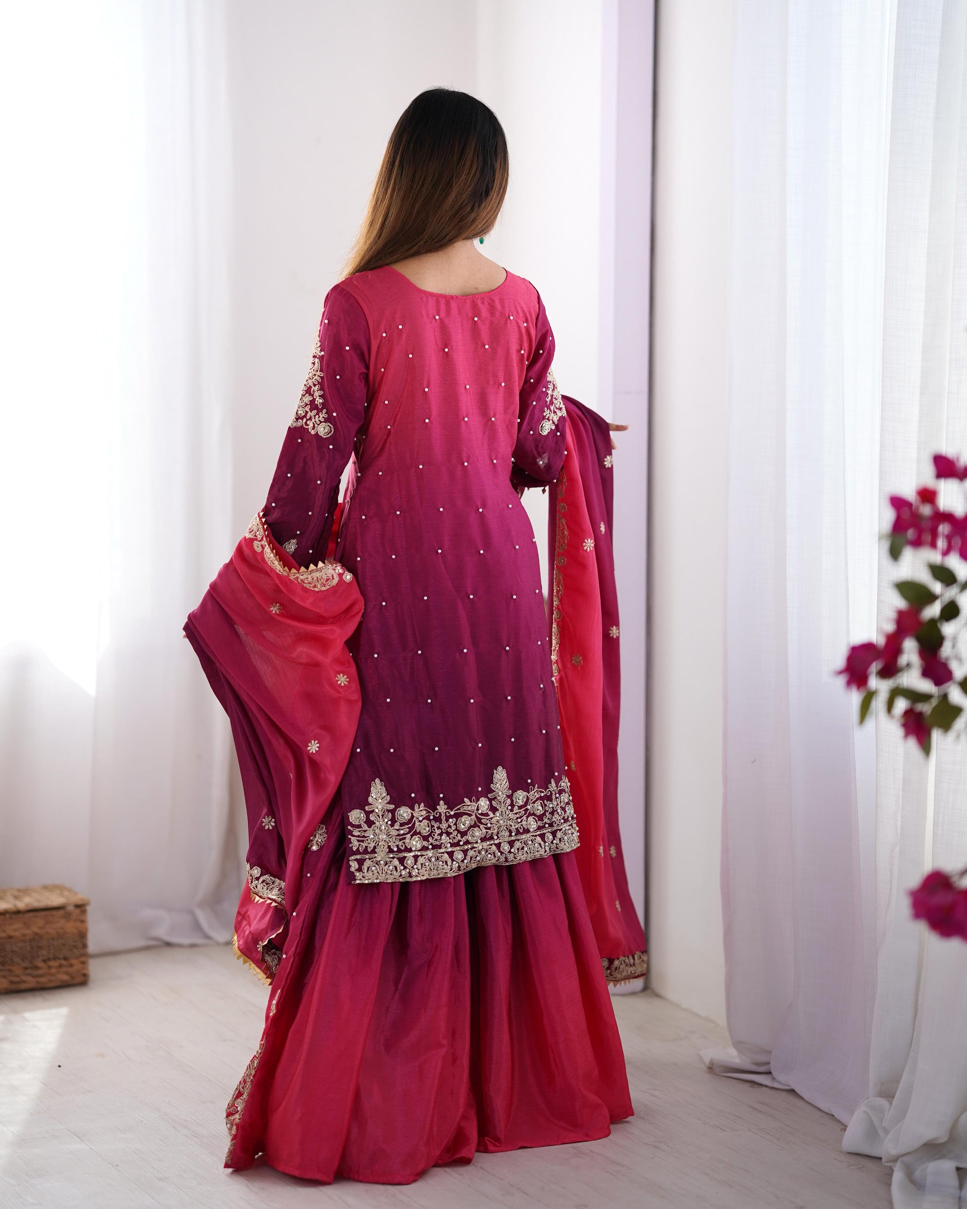 Good Looking Chinon Silk Rivet Moti Pink Color Sharara Suit