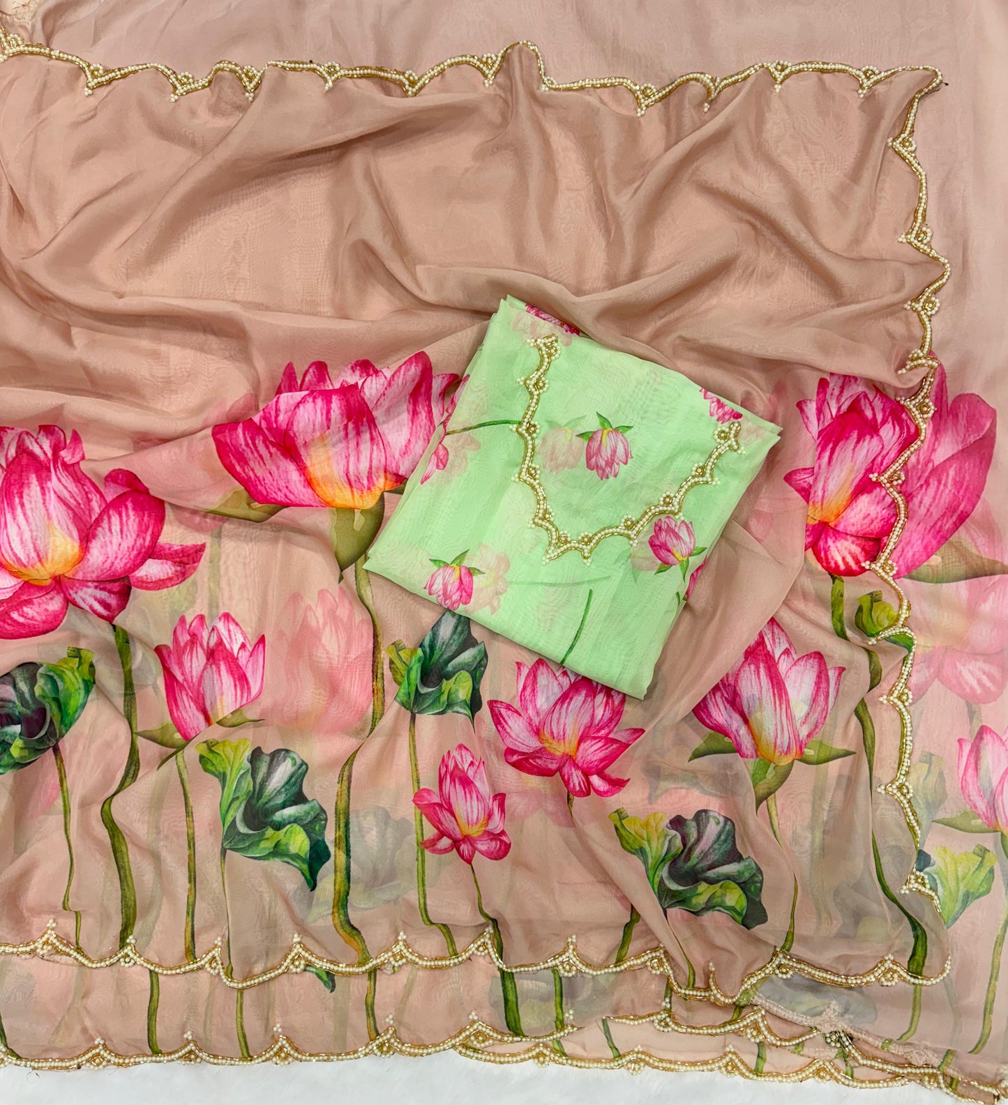 Flower Print with Work Peach Color Designer Saree
