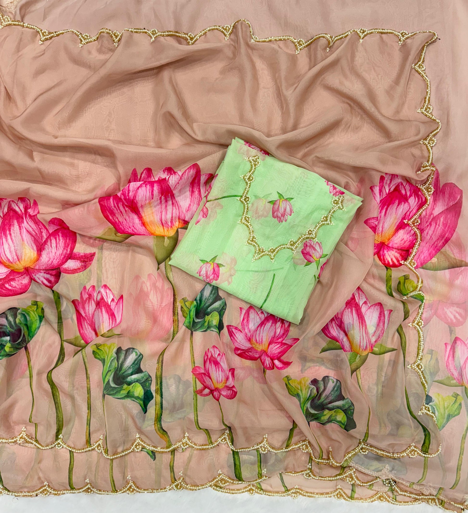 Flower Print with Work Peach Color Designer Saree