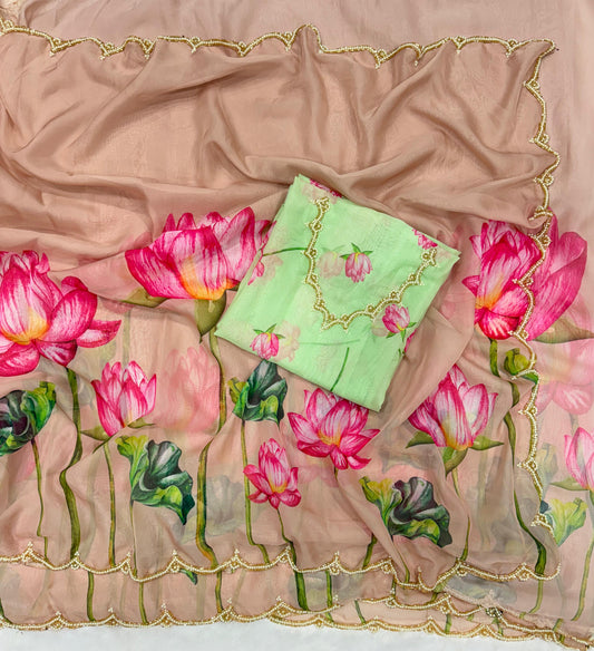 Flower Print with Work Peach Color Designer Saree