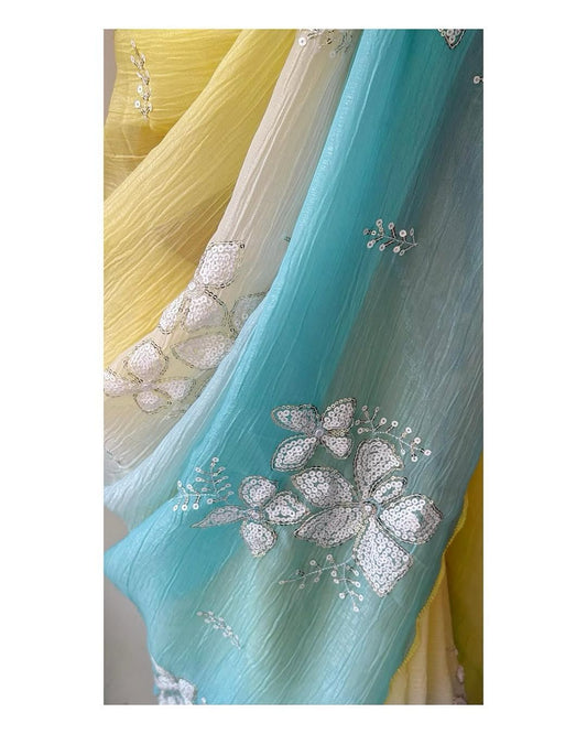 Awesome Embroidery Work Sky & Yellow Multi Color Saree