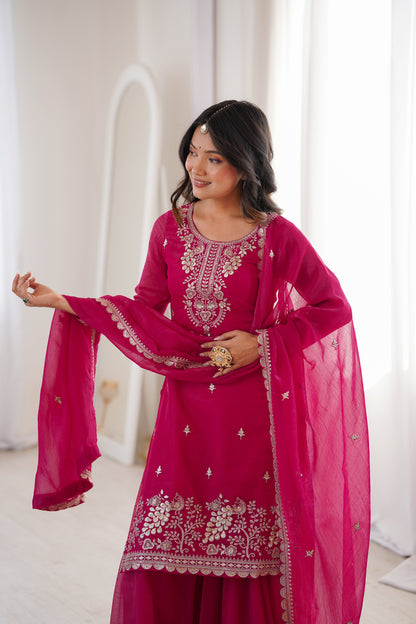 Beautiful Pink Color Sequence Embroidered Sharara Suit With Dupatta