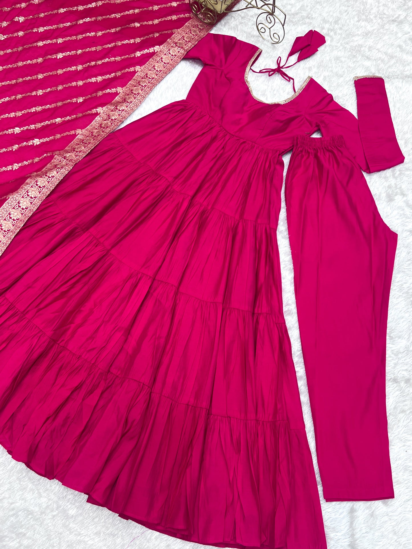 Elegant Pink Color Pure Roman Silk Chanderi Fabric Fully Flair Anarkali Gown With Dupatta