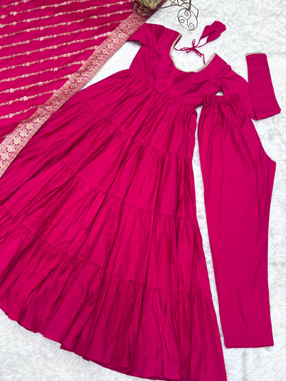 Elegant Pink Color Pure Roman Silk Chanderi Fabric Fully Flair Anarkali Gown With Dupatta