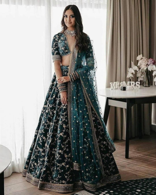 BUY-WEDDING-GREEN-SEQUENCED-VELVET-LEHENGA