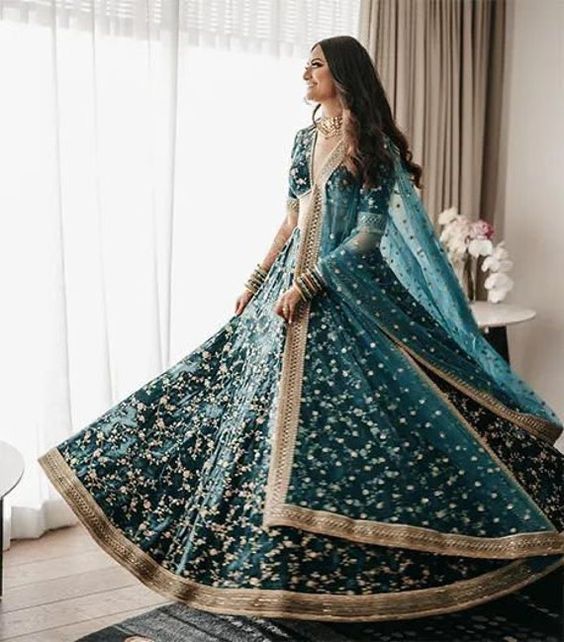 BUY-WEDDING-GREEN-SEQUENCED-VELVET-LEHENGA