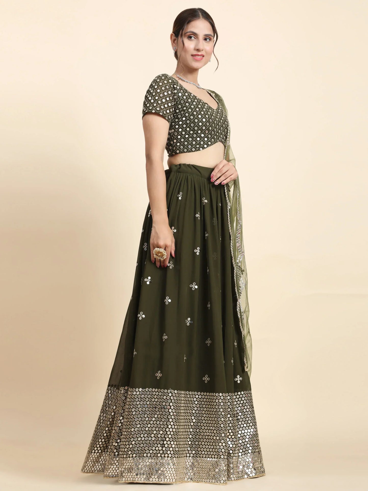 Embellished Thread Work Semi-Stitched Lehenga & Blouse With Dupatta