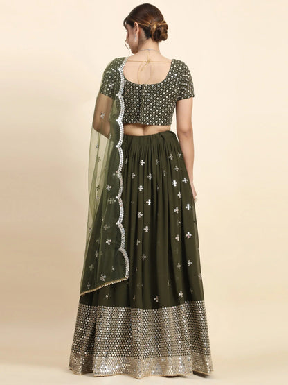 Embellished Thread Work Semi-Stitched Lehenga & Blouse With Dupatta