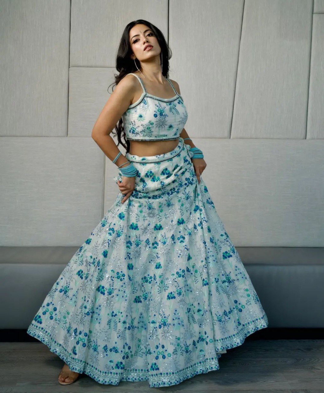 Sky and Grey Party Wear Designer Sequence Work Lehenga choli
