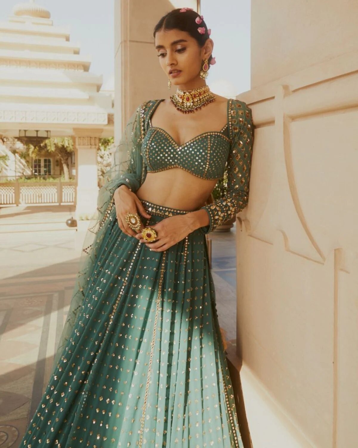Green Sequin Embroidered Faux Georgette Lehenga
