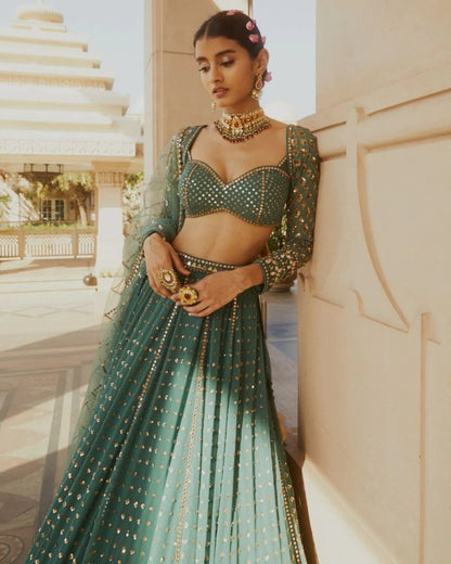 Green Sequin Embroidered Faux Georgette Lehenga
