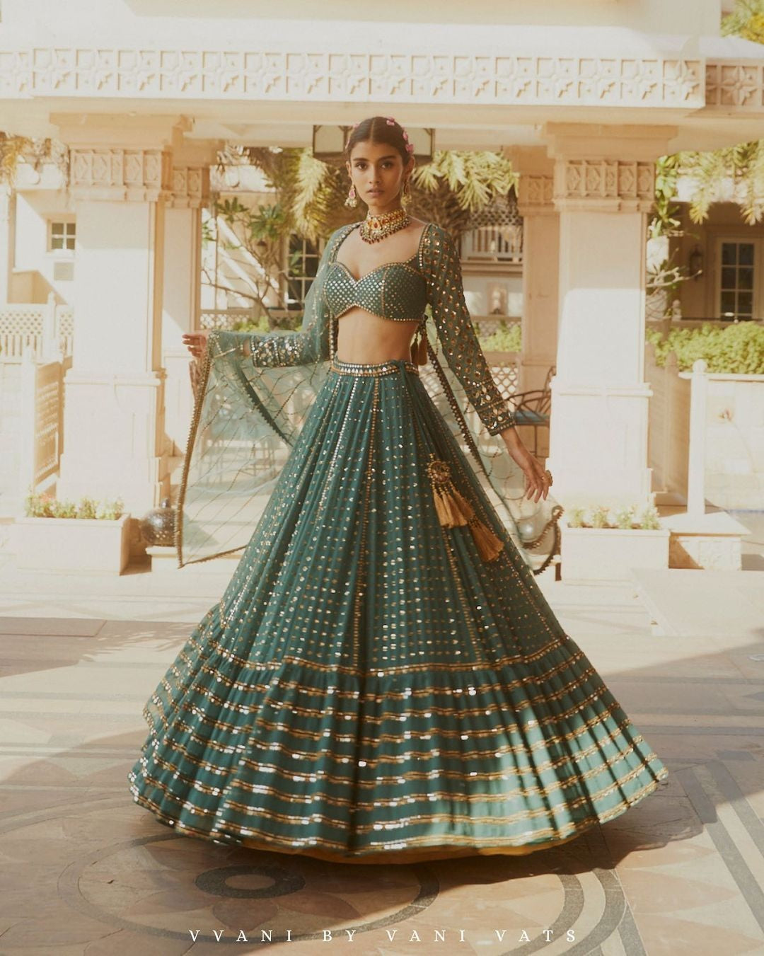Green Sequin Embroidered Faux Georgette Lehenga