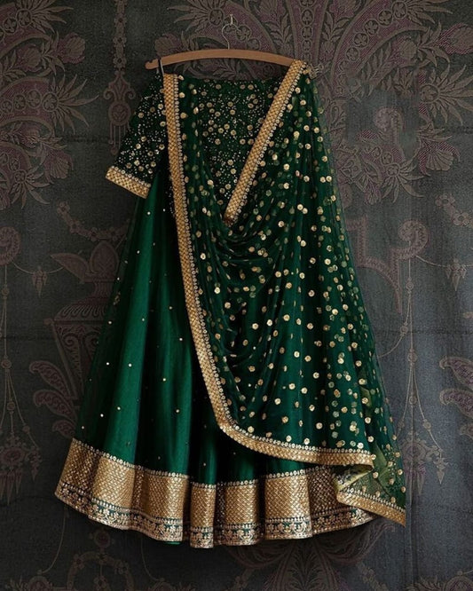 Sparkling Elegance: Embroidered Nylon Net Green Lehenga Choli