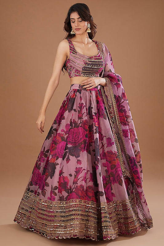 Dark Lavender Organza Floral Printed & Cutdana Embroidered work lehengha choli