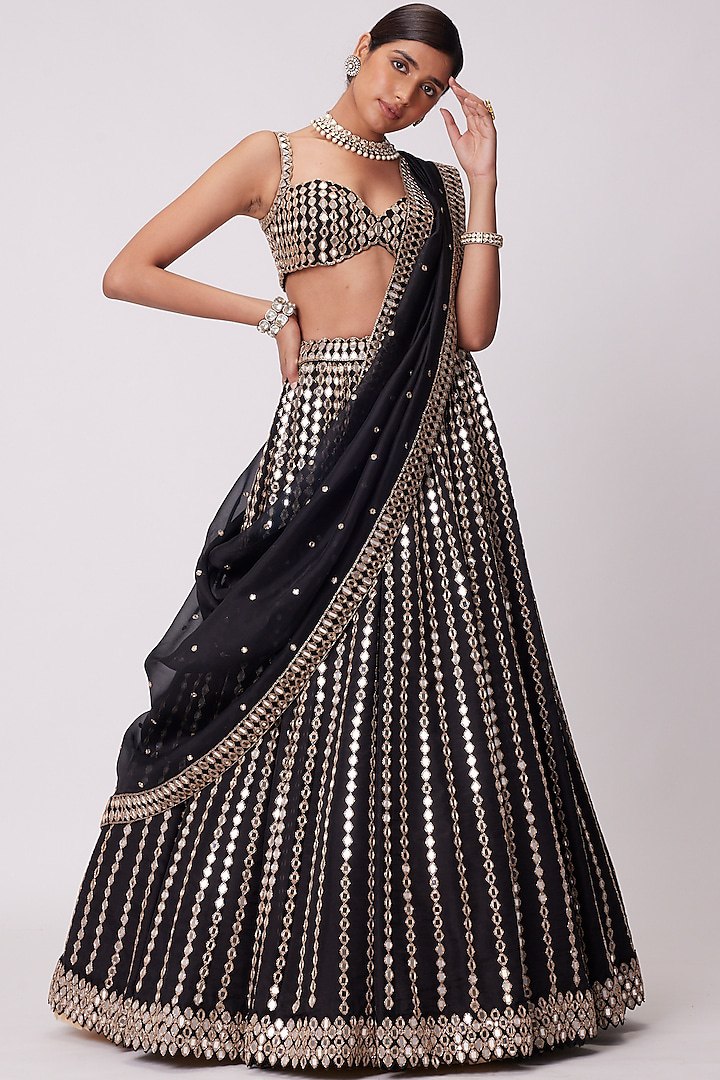 Black Linear Mirror Embroidered Lehenga Set