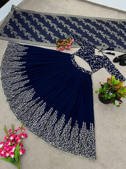 Navy Blue Georgette With Embroidery Work Wedding Lehenga Choli