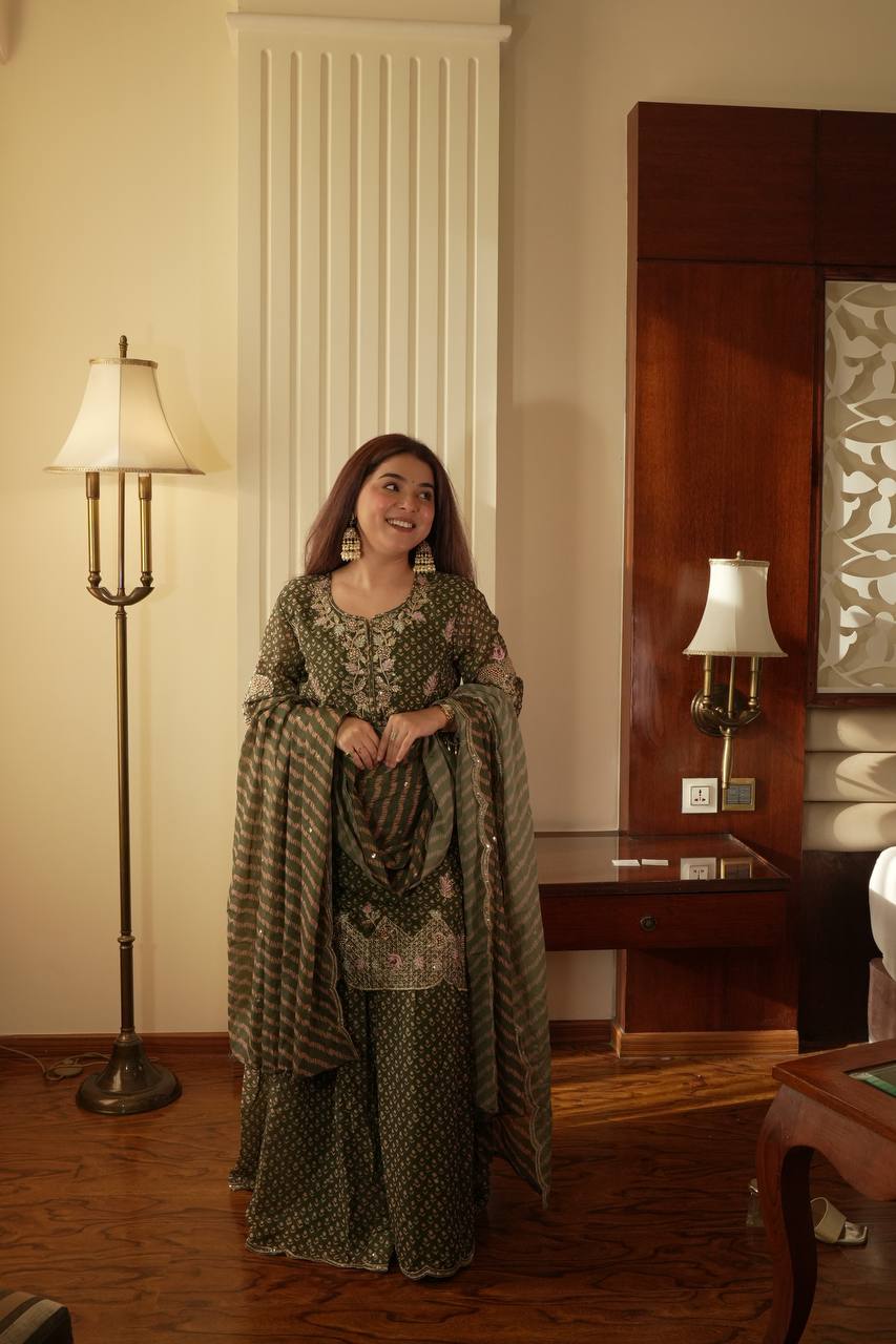 Alluring Green Color Embroidered Diamond Work Sharara Suit
