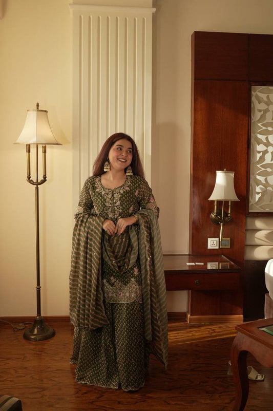 Alluring Green Color Embroidered Diamond Work Sharara Suit
