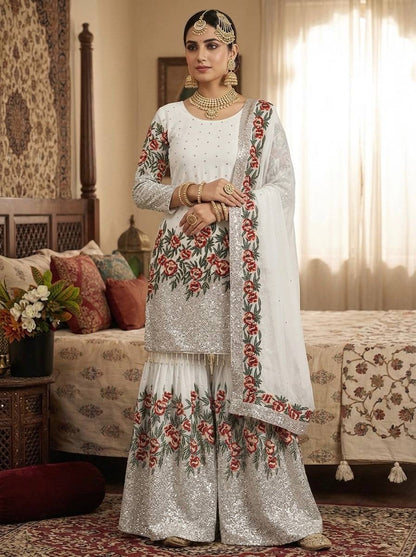 Alluring White Color Heavy Embroidered Sequence Work Sharara Suit