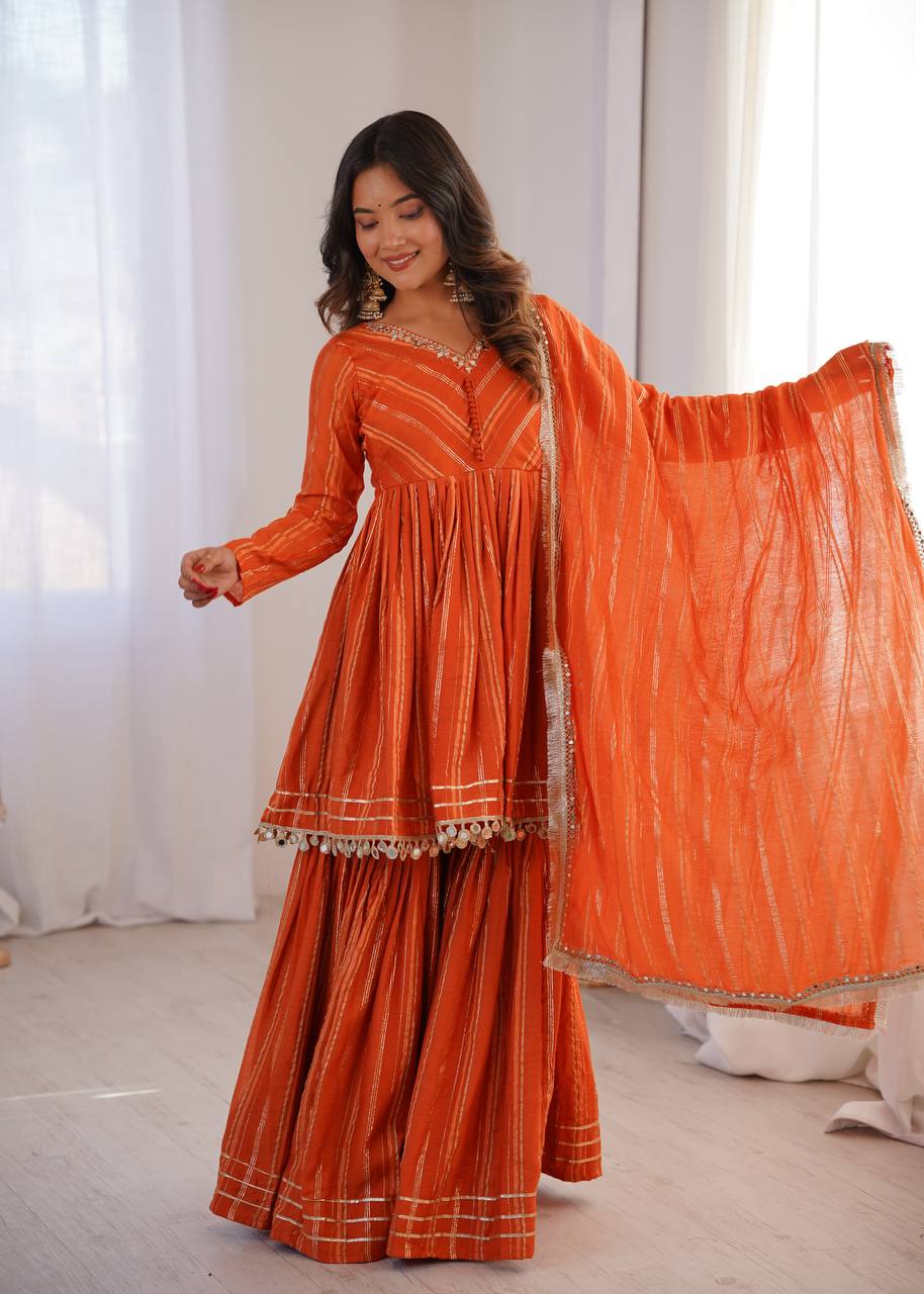 Arti Chauhan Wear Orange Color Mal Chanderi Real Mirror Handwork Sharara Suit