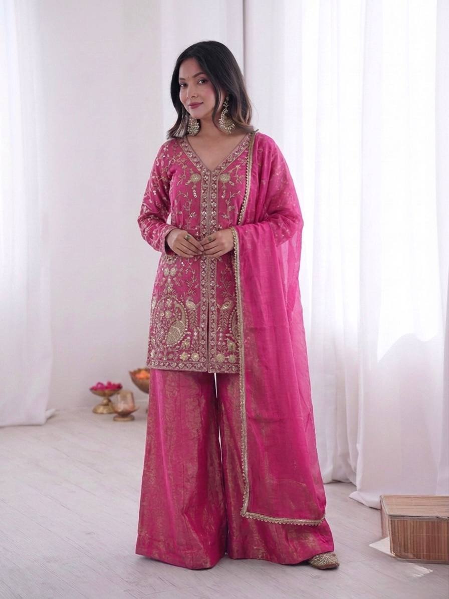 Arti Chuahan Wear Pink Color Heavy Embroidered Palazzo suit With Dupatta