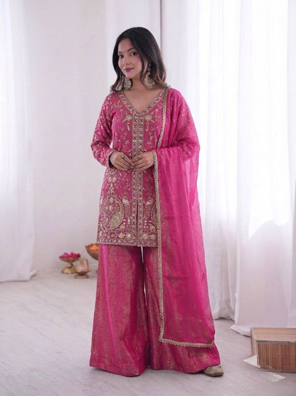 Arti Chuahan Wear Pink Color Heavy Embroidered Palazzo suit With Dupatta