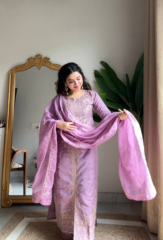 Arti Chuahan Wear Purple Roman Silk Embroidered Kurti Palazzo Set