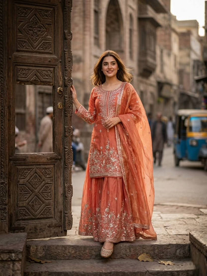 Attractive Peach Color Sequence Work Sharara Suit