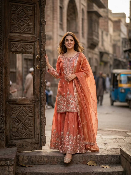 Attractive Peach Color Sequence Work Sharara Suit