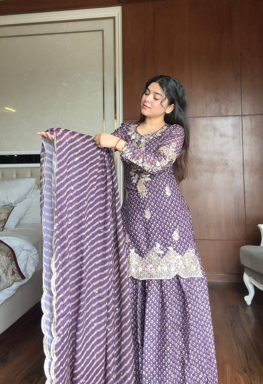 Attractive Purple Color Embroidered Diamond Work Sharara Suit With Dupatta