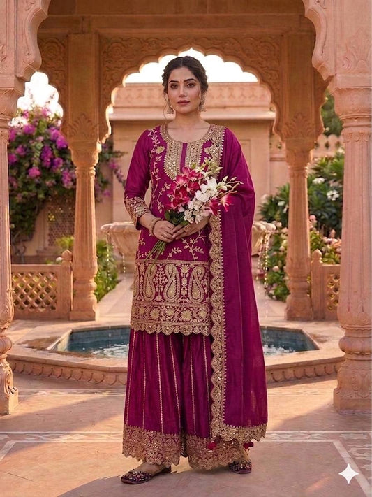 Attractive Purple Color Heavy Chinon Silk Embroidered Palazzo Suit