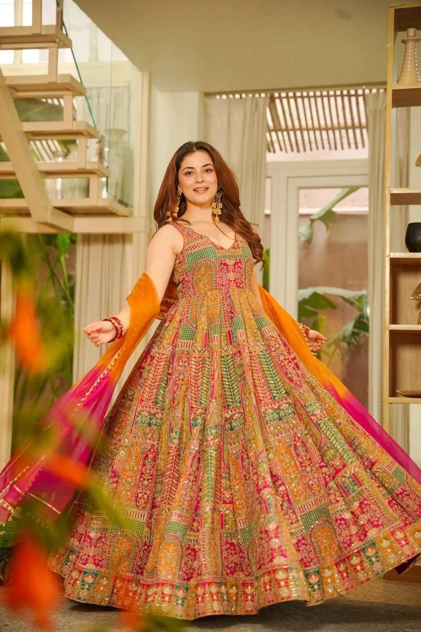 Attractive Yellow Color Digital Printed Jimmy Organza Silk Anarkali Gown