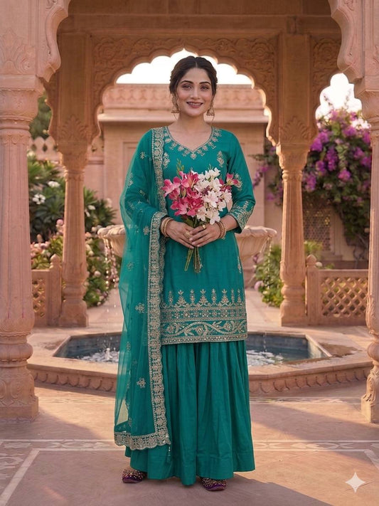 Awesome Green Color Natural Crepe Sequence Embroidered Work Top With Lehenga