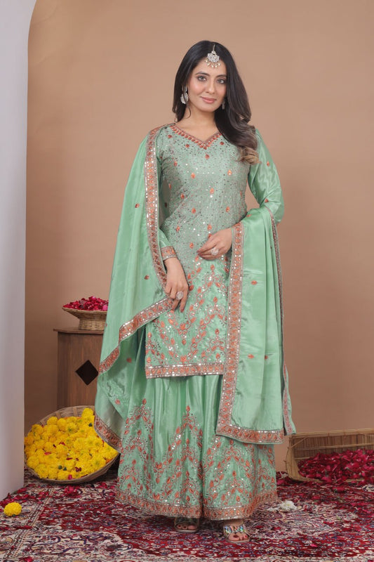 Awesome Green Color Sequence Embroidered Work Palazzo Suit