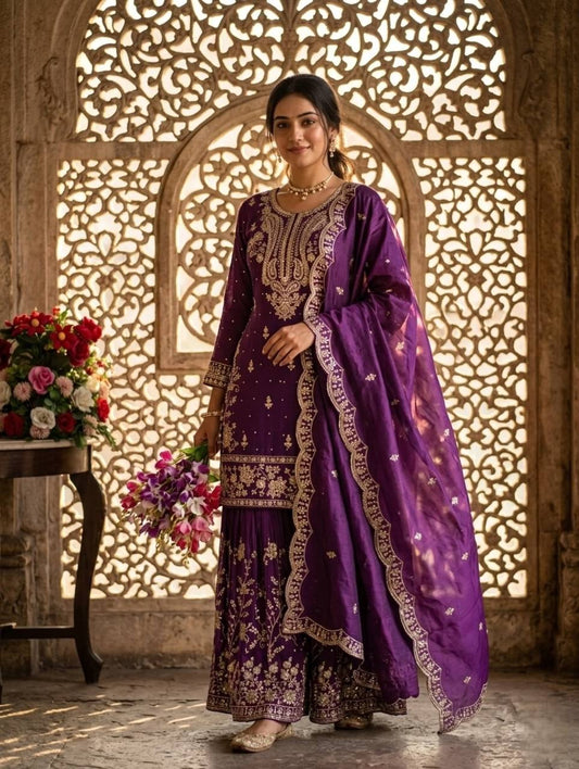 Awesome Purple Color Embroidered Coding Sequence Work Palazzo Suit
