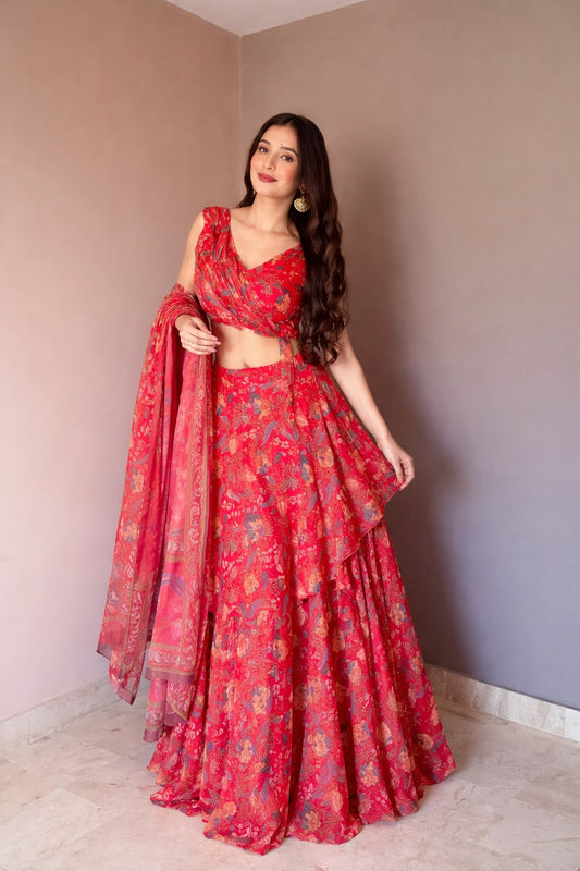 Awesome Red Color Stylish Printed Lehenga Choli