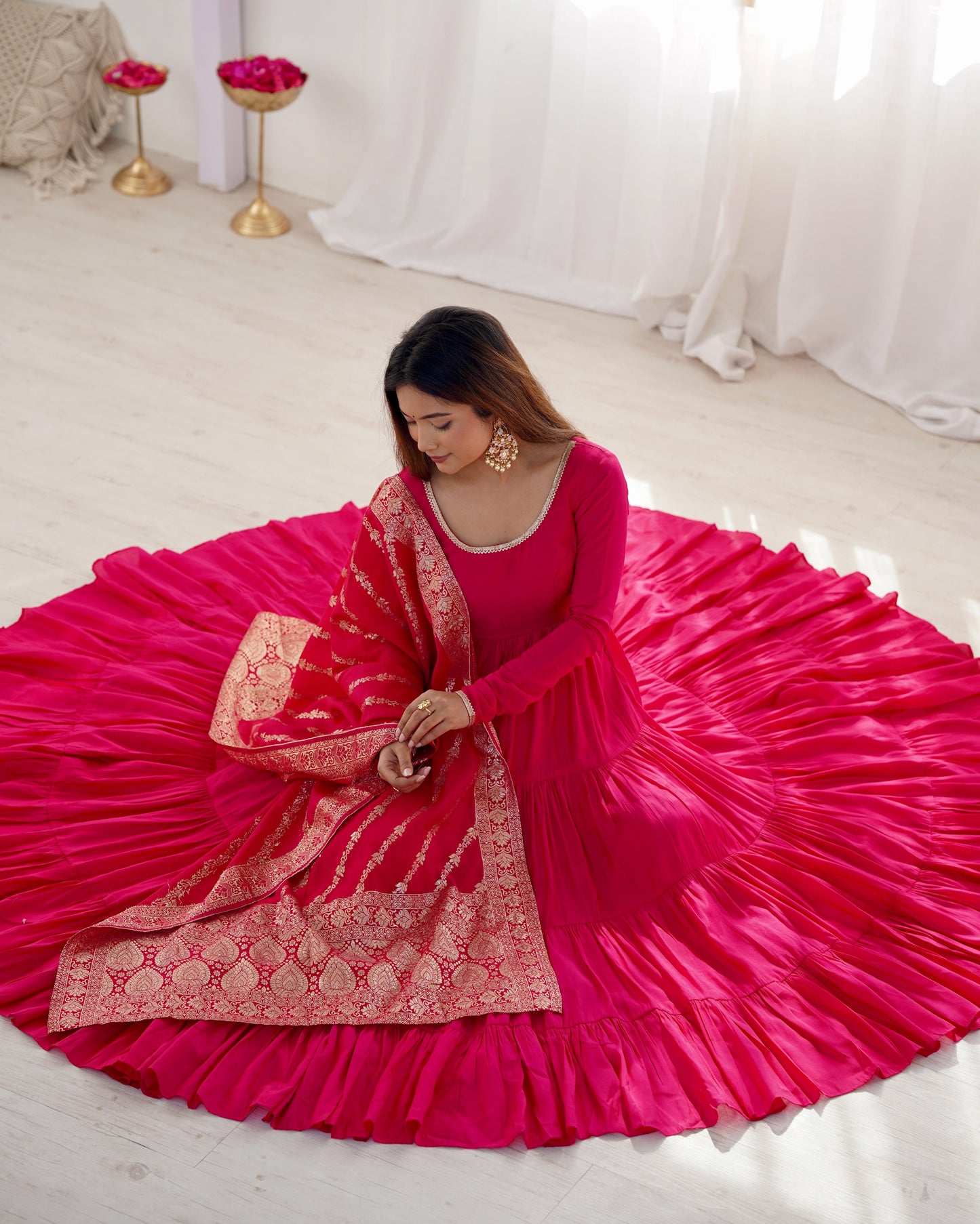 Elegant Pink Color Pure Roman Silk Chanderi Fabric Fully Flair Anarkali Gown With Dupatta