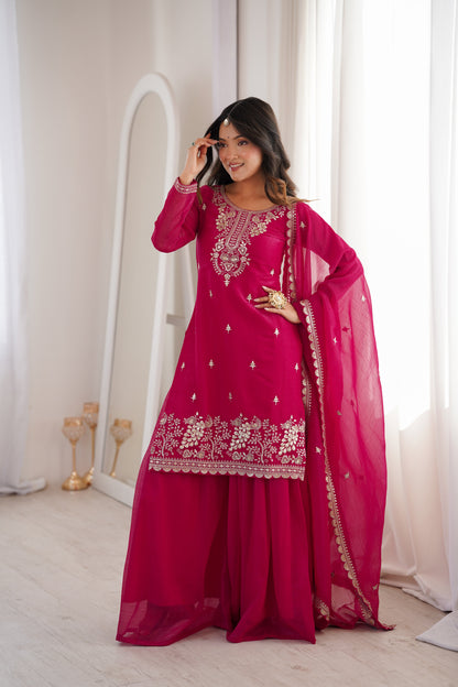 Beautiful Pink Color Sequence Embroidered Sharara Suit With Dupatta