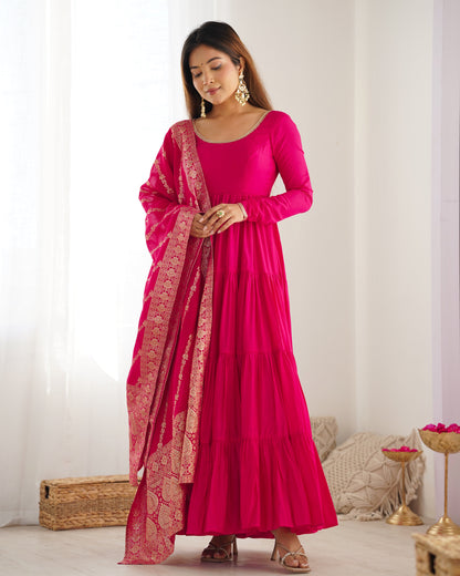 Elegant Pink Color Pure Roman Silk Chanderi Fabric Fully Flair Anarkali Gown With Dupatta