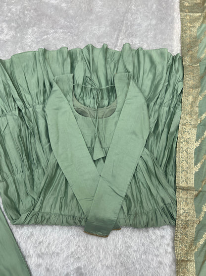 Charming Pista Color Pure Roman Silk Chanderi Fabric Fully Flair Anarkali Gown With Dupatta