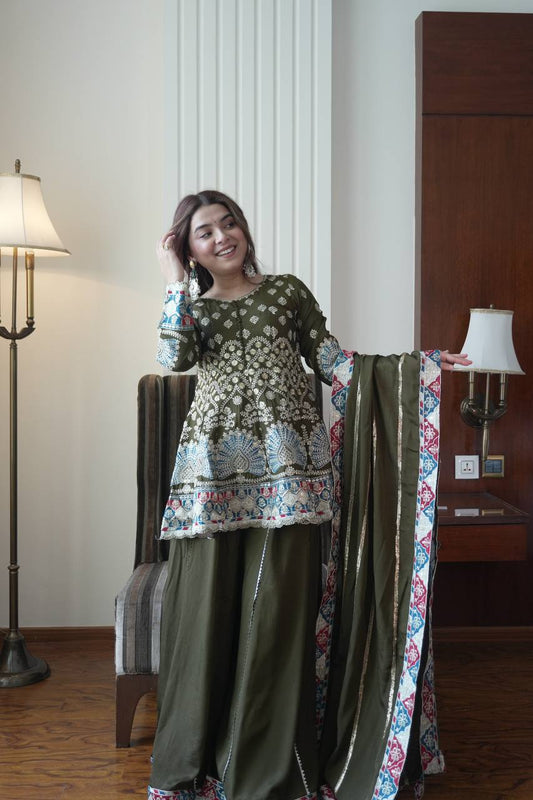 Beautiful Mehndi Color Sequence Embroidered Palazzo Suit