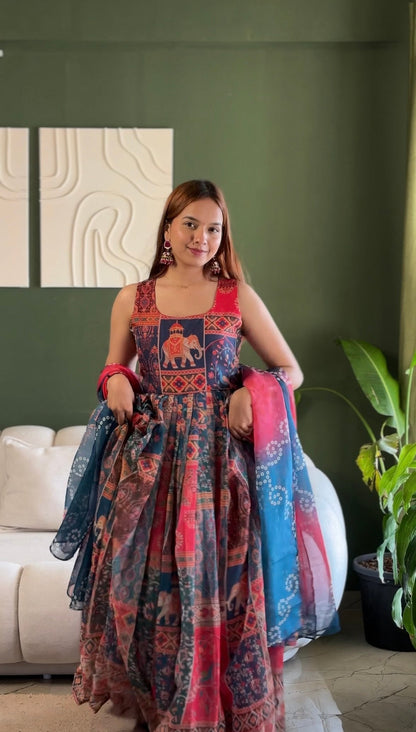 Beautiful Multi Soft Organza Patola Printed Anarkali Gown